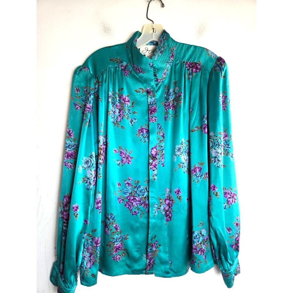 Joan Collins Women Teal Green Floral Print 100% Silk Button Down Blouse size 8/M